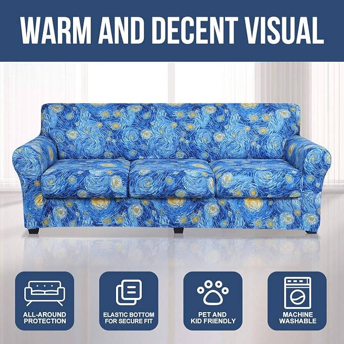 hyha Stretch Couch Covers, Sofa Cover for 3 Cushion Couch Pet Friendly | Floral Pattern, Printed, 4 Pieces, 3 Separate Cushion Sofa, Durable Anti-slip Washable Protector with Elastic Bottom for Dogs - Image 8