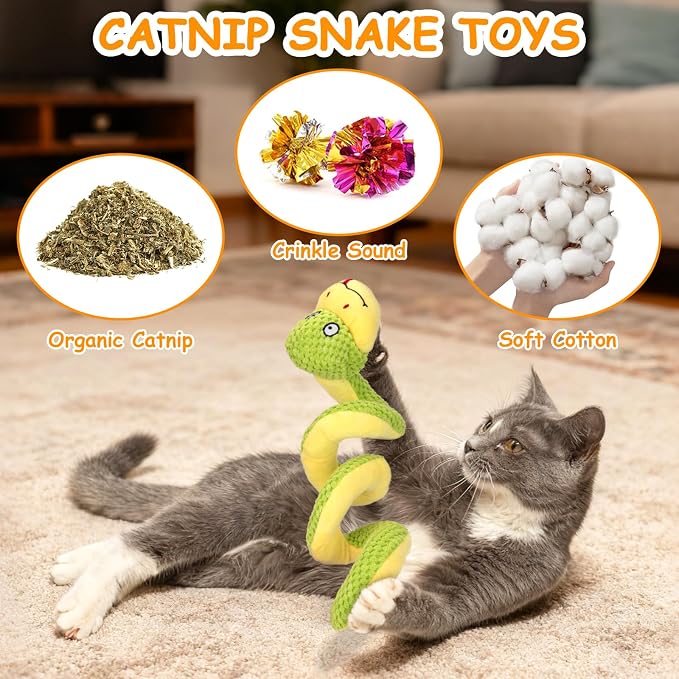 Retro Shaw 11"Snake Cat Toys Catnip Interactive Toy for Indoor Cats Kittens | Crinkle Sound Teething Chew Cleaning Cat Nip Kitty Kicker Soft Stuffed Plush Boredom Relief Spring-Loaded Bite-Resistant - Image 4