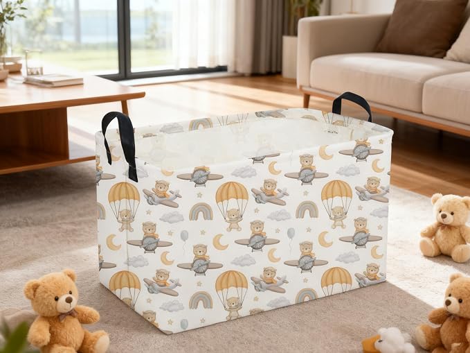 Sanjiaofeng Rectangular Kids Basket Bear Storage Bins,Cute Storage Basket with Handles.Clothers,Books,Kid's Gifts Bins. (Airplane Bear) - Image 3