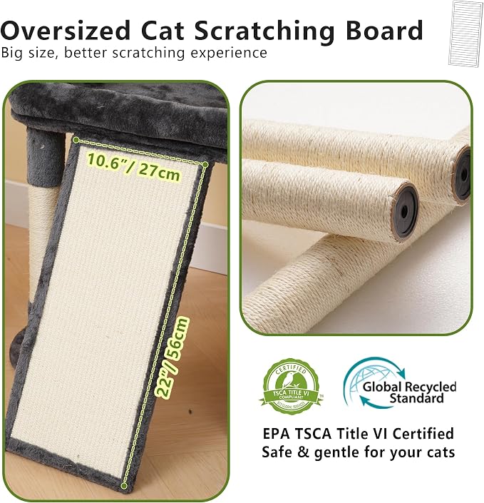 Heybly Cat Tree 72.4-Inch Anti-Tip Cat Tower with Spacious Perches HCT060G | All-in-One Cat Furniture for Large Cats, Multiple Interactive Areas, Extra-Large Sisal Scratching Board, Smoky Gray - Image 4