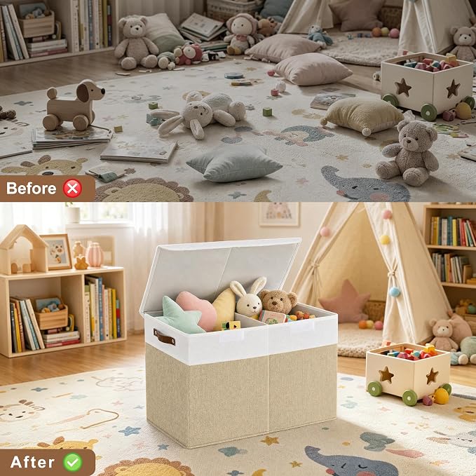 Bagnizer Large Toy Storage Box with Lids, Collapsible Sturdy Baby Storage Organizer Chest Bin Basket for Kids, Boys, Girls, Playroom, Nursery, Bedroom, Closet 25"x13"x16" (Beige and White) - Image 4