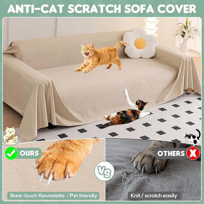 Loiion Cat Scratch Couch Cover Waterproof Sofa Cover 118"x91" Almond | Pet-Friendly Couch Protector, Anti-Scratch & Non Slip Sofa Cover For Cats Dogs Kids, Machine Washable - Image 5