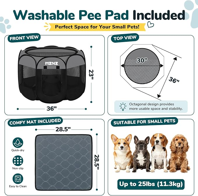 Dog Cat Small Animal Puppy Playpen with Pee Pad, Medium, Dark Grey | Portable Pop Up Pet Crate Cage Enclosure Tent Kennel Indoor Outdoor with Carrying Case, No Assembly, Camping Use - Image 2