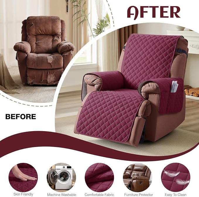 KinCam 100% Waterproof Recliner Chair Covers Washable, 25", Burgundy | Anti Slip Reclining Couch Covers for Pets Dog, Recliner Sofa Slipcover Storage Pocket, Furniture Protector with Elastic Strap - Image 6