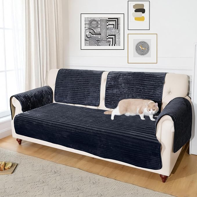 NAISI Couch Covers for Dogs Waterproof Flannel Striped Sofa Cover Pet Friendly Washable Dog Mat for Couch Anti Slip Sectional Sofa Slipcover Protector(1pc/27"x 27",Dark Navy) - Image 5