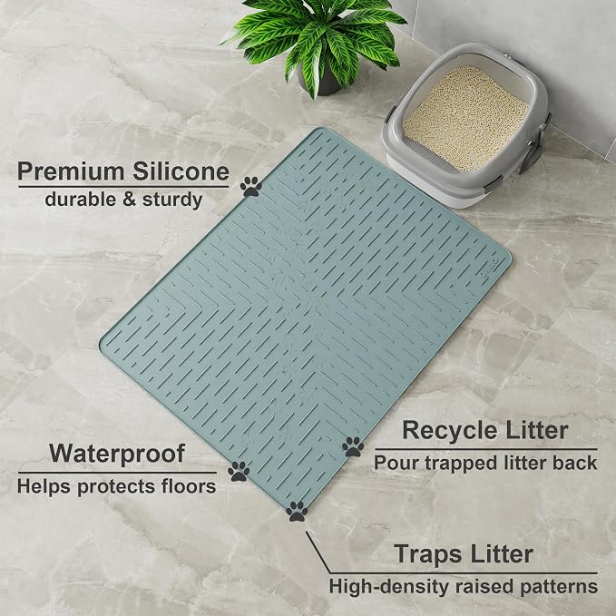 Large Cat Litter Mat, 31.5x23.6 Silicone Trapping Mat Light Blue | for Kitty Litter Box, Easy Clean, BPA Free Rubber, Center Litter Collection, Easy Pour-Back, Waterproof, Odor-Resistant - Image 2