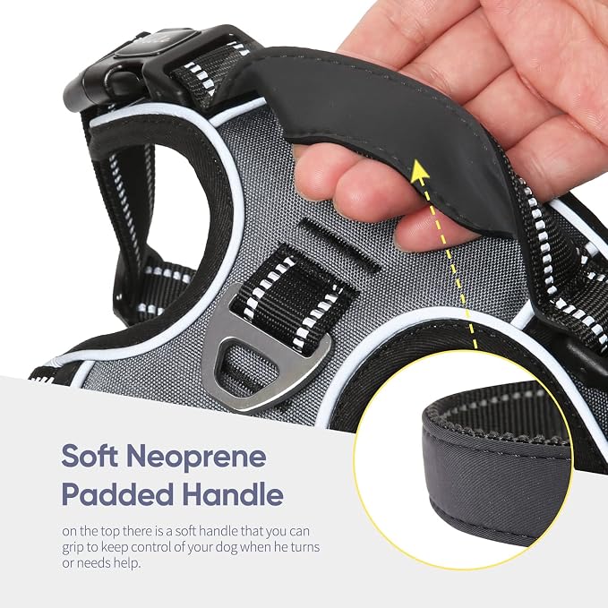 HEELE Dog Harness, No Pull Adjustable Padded Reflective Harness for Small Medium Large Dogs with Handle for Walking Training, Grey, XL | Soft Breathable Padded for Large Harness, No Pull No Choke, Adjustable 2 Metal Rings for Outdoor Walking Training - Image 6