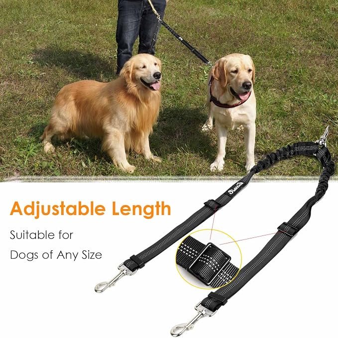 AUTOWT Double Dog Leash, No Tangle 360°Swivel Rotation Reflective Lead Attachment Adjustable Length Dual Two Dogs Lead Splitter, Comfortable Shock Absorbing Walking Training for 2 Dogs - Image 2