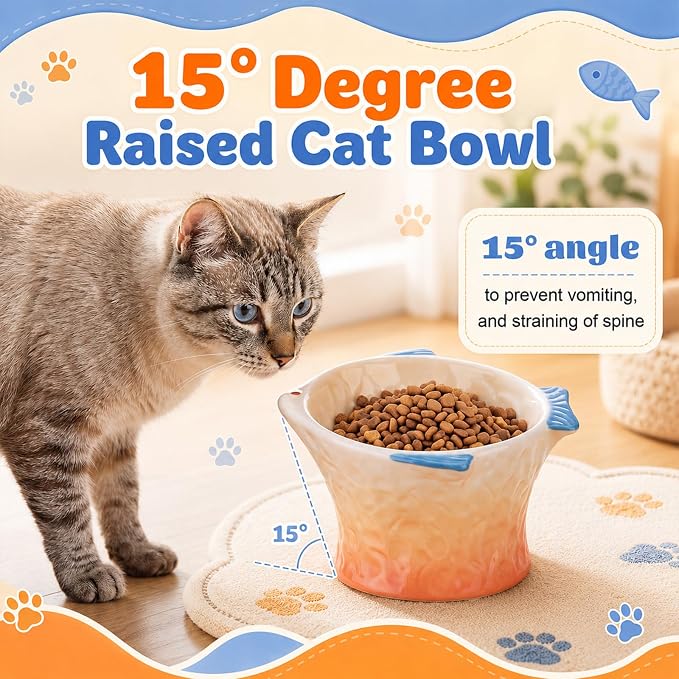 Tioncy 2 Pcs Raised Tilted Ceramic Cat Food Bowl Fish Shape Cute Elevated Slanted Shallow Angled Cat Dish Non Slip Feeder Bowl for Anti-Vomiting and Fatigue (Pink,Orange) - Image 5