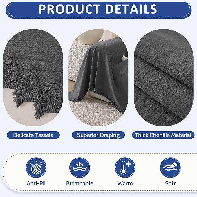 Chenille Couch Cover for Dogs Washable Boho Throw Blanket Washable | 71"×134",Dark Gray, Soft Chenille, Tassel Design, Pet Friendly, Furniture Protector, for Couch, Sofa, Bed, Living Room - Image 5