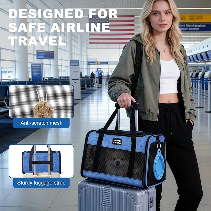 Pet Carrier Airline Approved, Soft Sided Cat Carrier for Small Pets up to 13 lbs, TSA Approved Dog Travel Bag, Portable Soft Sided Pet Carrier for Kittens and Puppies (Blue, Folding Bowl) - Image 8