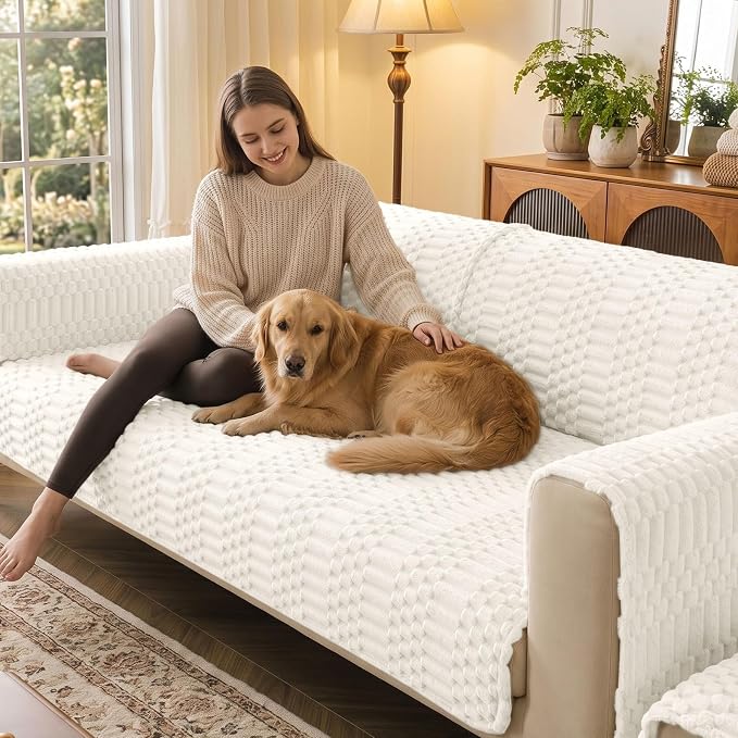 Smiry Waterproof Couch Covers for Dogs Washable, Non Slip Pet Sofa Cover | Plush Scratch Resistant Flannel Furniture Protector for Dogs, White, 36" x 94.5" - Image 2