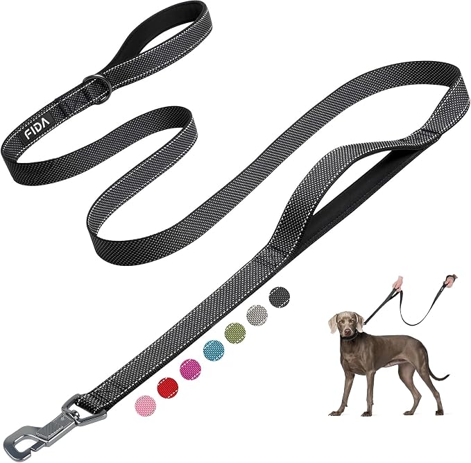 Fida Heavy Duty Dog Leash for Medium Large Dogs, 6 FT, Dual Padded Handles | Traffic Handle for Close Control, Advanced Easy Snap Hook, Reflective, Strong Nylon Webbing for Daily Walks & Training, Black by Fida