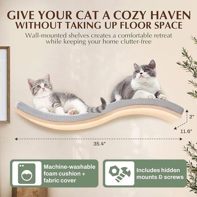 Extra Large 35.4” × 11.6” Stylish Cat Wall Shelves with Soft Cushion, Modern Wall-Mounted Cat Tree Furniture & Perch, Sturdy/Hidden Mounts, Machine Wash Cover, Sleek Design- CALLICO HAVEN Wave S-Shape - Image 2