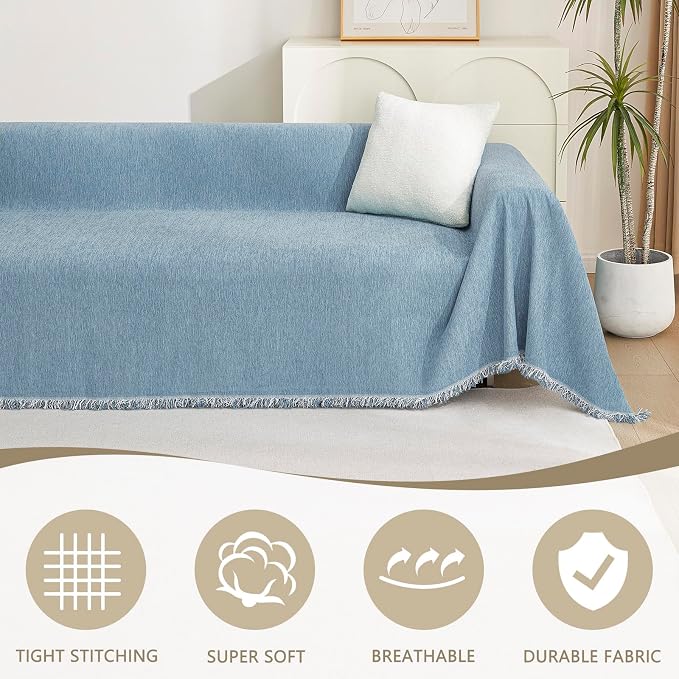 MYSKY HOME Couch Cover Sofa Covers, Sectional Couch Covers for 2-3 Cushion Couch Sofa, Chenille Sofa Slipcovers, Futon Covers, Machine Washable, Soft Furniture Protector for Kid, 71" x 134", Blue - Image 2