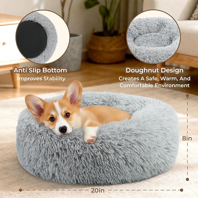 Calming Donut Dog and Cat Bed for Indoor Cats, Anti-Anxiety Round Fluffy Soft Washable Small Pet Bed for Puppy and Kitten, Warming Comfortable Luxury Anti-Slip Waterproof Mute Base 20in Gray - Image 3
