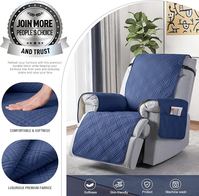 TAOCOCO 100% Waterproof Recliner Chair Covers, Non Slip Recliner Covers for Recliner Chair with Pocket, Washable Reclining Chair Cover Furniture Protector for Kids,Dogs(22'', Ocean Blue) - Image 3