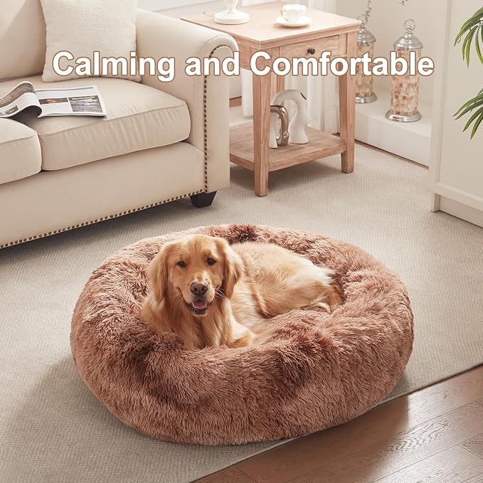 36 in Faux Fur Fluffy Donut Dog Bed for Large Dogs,Tie-dye Brown | Calming Plush Round Pet Bed with Removable & Washable Cover,Fits up to 80 lbs Pets - Image 2