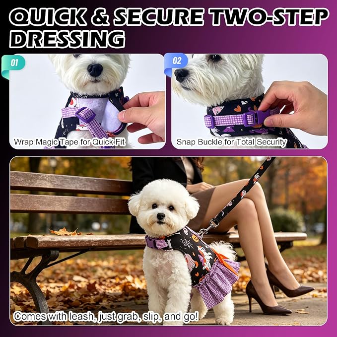 EXPAWLORER Halloween Dog Harness Small Medium Sized Dogs, Party Costume M | No Choke No Pull Mesh Vest Dog Dress Bowknot Harness and Leash Set Soft Cute Princess Puppy Outfits Clothes for Girls Cats - Image 7
