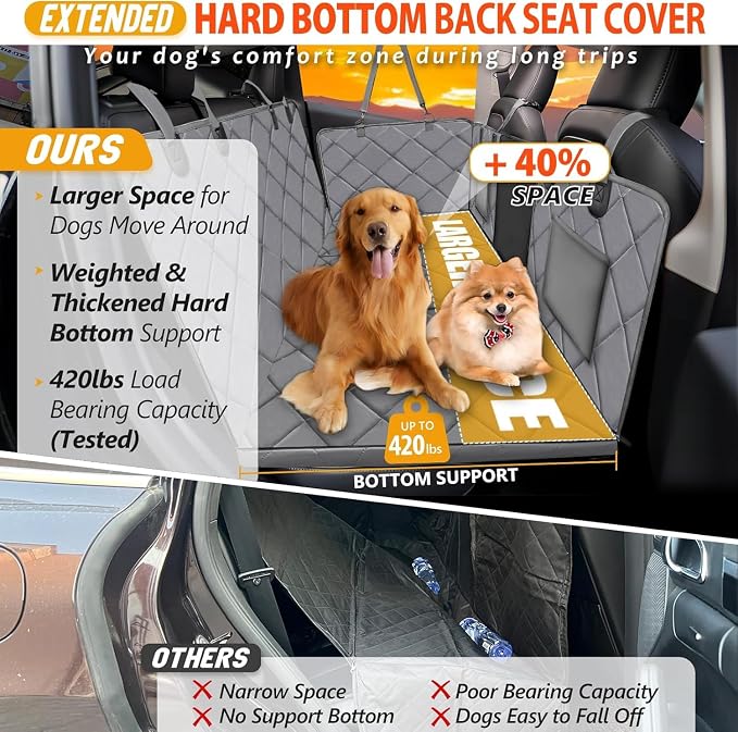Hard Bottom Dog Car Seat Cover for Back Seat, Backseat Extender | Dog Hammock for for Cars, SUVs, Sedan, Holds 420lbs, Large Space, Sturdy Oxford, Pet Car Bed, Waterproof, Mesh Window, Grey - Image 2