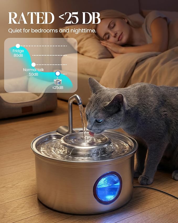 Hicuper Stainless Steel Cat Water Fountain with Bowl 108oz/3.2L | Removable Water Bowl,Water Level Window,Quiet Pump,Multi-Filter,Water Tap,3 Filters,for Dog Cats - Image 6