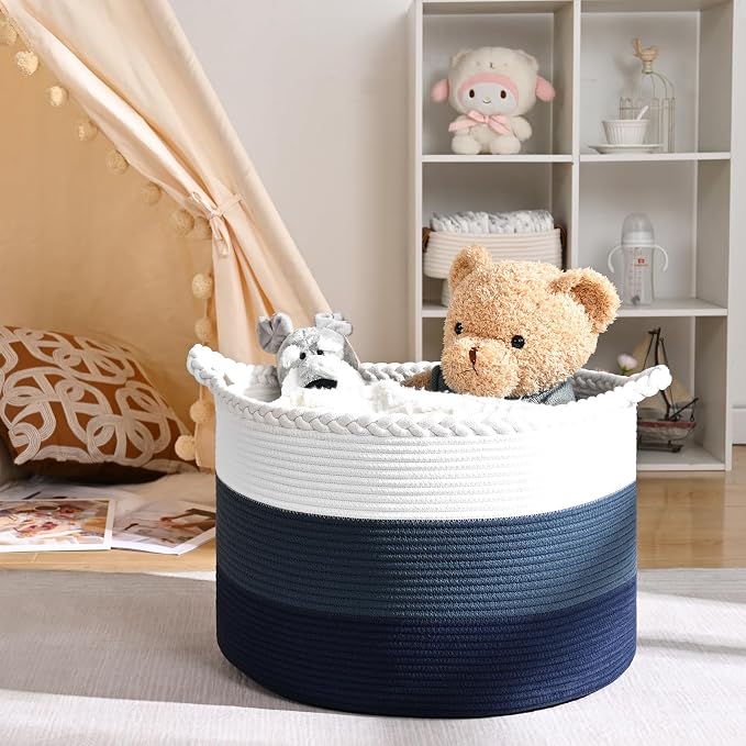 67L Large Woven Blanket Basket, Cotton Rope Baby Laundry Hamper with Handles, Kids Toy Basket for Classroom & Nursery, Soft Round Stuffed Animal Storage, Dog Toy Bin - 20"x13", Dark Blue - Image 4