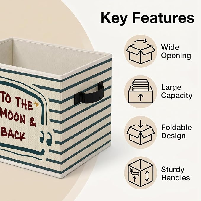 To The Moon Back Storage Bins Box with Handles, Calming Collapsible Storage Basket, Moon Stars Foldable Basket for Organizing Playroom Nursery Bedroom Toys Books Clothes - Image 4