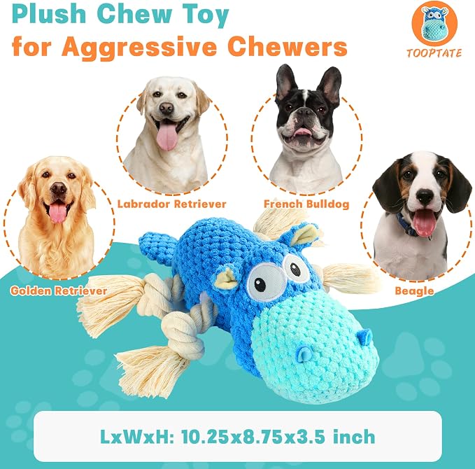 TOOPTATE Hippo Squeaky Dog Toys (Blue, Medium) (Pack of 2) | Cute Plush Design, Rope Legs for Tugging, Helps Keep Dogs Busy, Suitable for Small, Medium, and Large Dogs - Image 4