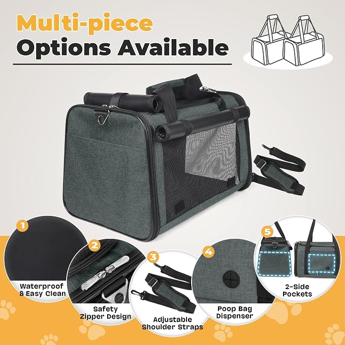 YUDODO 25lbs Cat Carrier Lightproof Soft Sided Pet Carrier for Large Cat | Airline Approved, Lightproof Breathable Design, Side Pockets, Durable Mesh, Foldable and Portable, Grey green - Image 3