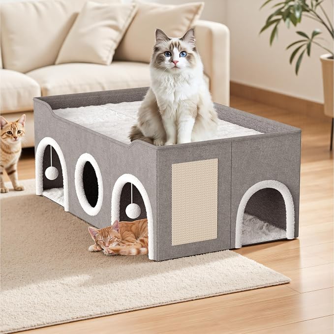 Top Bed Three Rooms Cat Condos,All-in-1 Extra-Wide Cat House for Indoor，Multi Cats Puppy Family, Large Cat Cave for Pet House with Fluffy Ball Hanging and Scratch Pad, Foldable Hideaway - Image 8