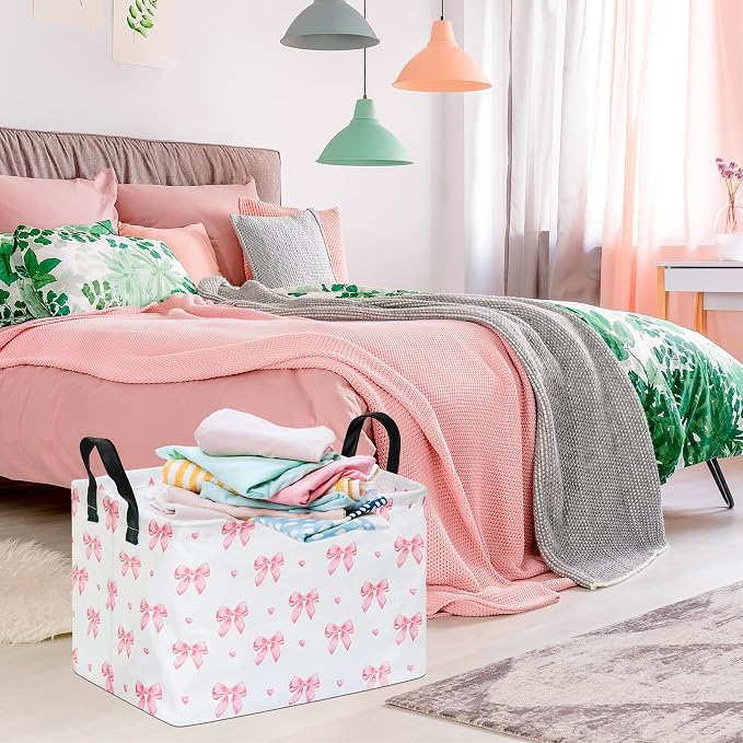 Pink Bow Canvas Storage Basket Waterproof Laundry Hamper with Leather Handles Collapsible Decorative Bin for Girls Bedroom Toys Clothes Gift Giving - Image 4