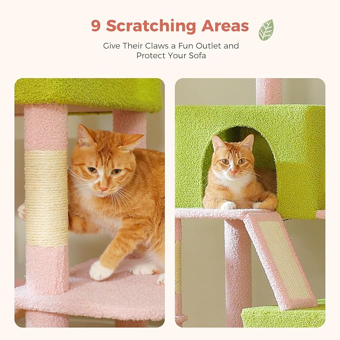 Flower Cat Tree Tall 70.8" for Adult Indoor Cats, 8-Levels Large Cat Tower with 8 Sisal Posts, 2 Hammocks, 2 Condos, Big Perch & 3 Pom Poms for Multi-Cats Household – Carpet Pink - Image 5
