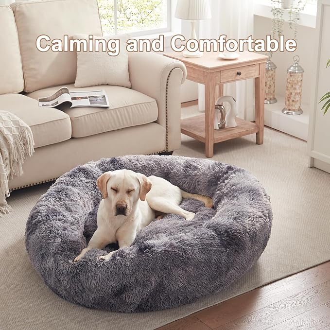 45 in Faux Fur Donut Dog Bed for Extra Large Dogs,Tie-dye Grey | Calming Plush Round Jumbo Fluffy Pet Bed with Removable & Washable Cover,Fits up to 120 lbs Pets - Image 2