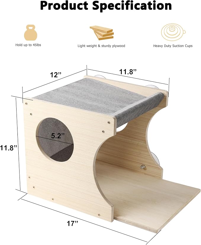 Cat Window Perch，2-Tier Hammock & Hideaway House with Strong Suction Cups | Right-opening, Drill-Free, Hold Up to 45 lb Support, For Small to Medium Cats, Let Cats Lounge, Climb and Watch Outside - Image 6