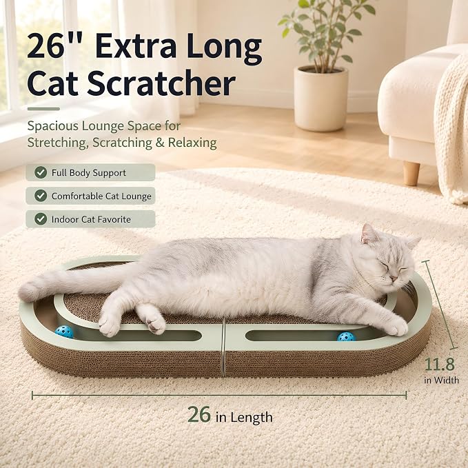 Interactive Cat Scratcher Lounge for Indoor Cats, 26" Large Foldable Cat Scratcher with Ball Track, Double-Sided Corrugated Cat Scratch Pad Bed for Scratching, Playing, Lounging & Relaxing - Image 4