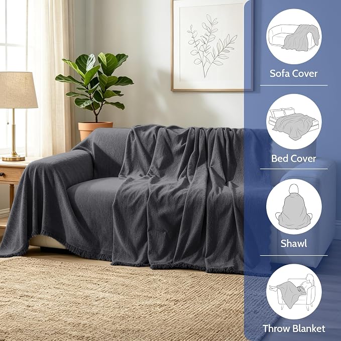 Chenille Couch Cover for Dogs Washable Boho Throw Blanket Washable | 71"×91",Dark Gray, Soft Chenille, Tassel Design, Pet Friendly, Furniture Protector, for Couch, Sofa, Bed, Living Room - Image 7