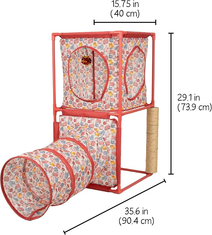 Kitty City Cozy Cube Retreat Cat Tower with Tunnel, Scratching Post & Hanging Toy, Dual-Level Indoor Cat Play Furniture for Climbing, Hiding & Lounging, Red - Image 3