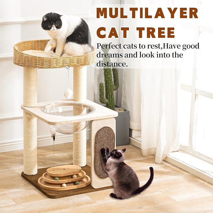 Modern Cat Tree for Indoor Cats, 30 in Cat Tower with Basket Bed | Clear Space Capsule, Interactive Play Base, 8 cm Thick Sisal Scratching Posts, Plush & Cooling Mats, Sturdy Structure - Image 6