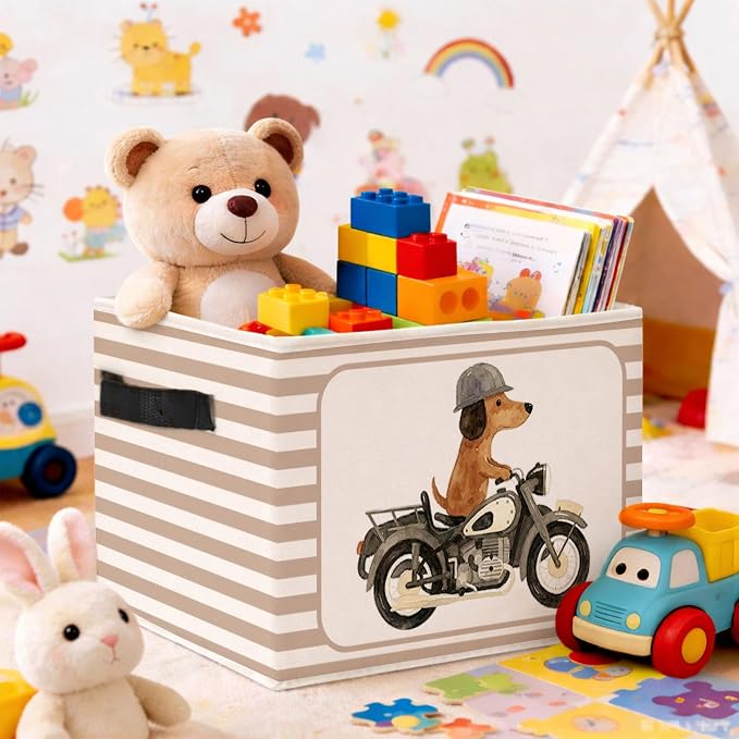 Motorcycle Dog Storage Bin, Beige Stripe Foldable Fabric Basket | Cute dog rider collapsible fabric organizer for nursery, bedroom, playroom, toys, books, and clothes - Image 2