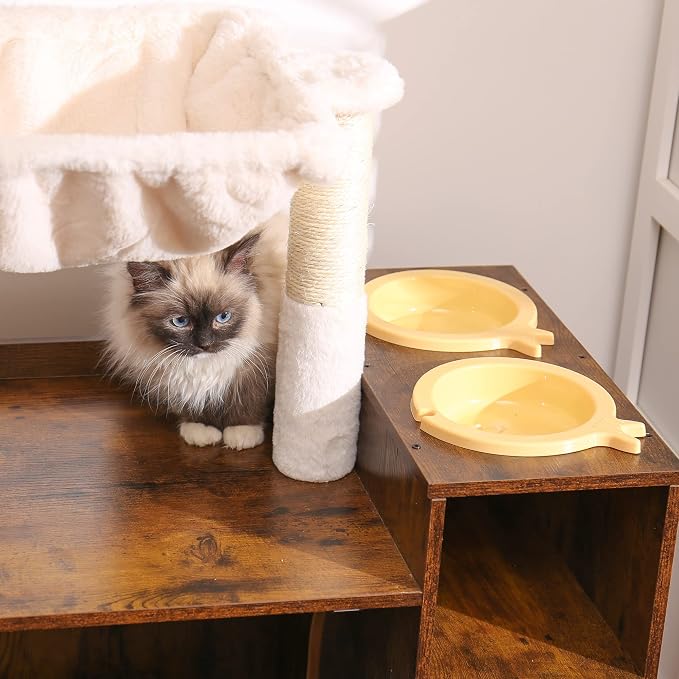Hey-brother Cat Tree Tower, Food Station, XL Litter Box Enclosure, MPJ101SR | 48.81 Inches Wooden All-in-one Cat Furniture, Large Hammock, Bed, Scratching Posts, Big Basket for Indoor Cats, Rustic Brown - Image 9