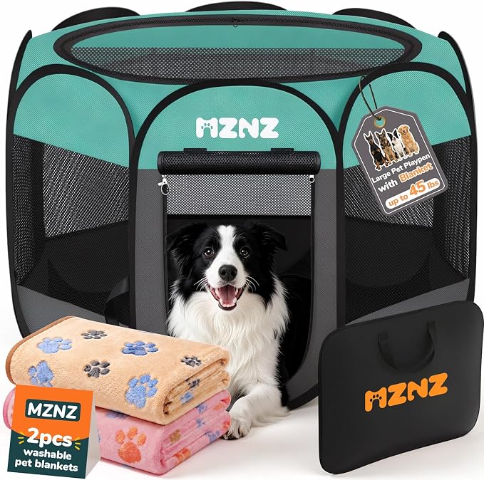 Dog Cat Small Animal Puppy Playpen Crate with 2 Blankets, Large, Blue | Portable Pop Up Pet Cage Enclosure Tent Kennel Indoor Outdoor with Carrying Case, No Assembly, Camping Use by MZNZ