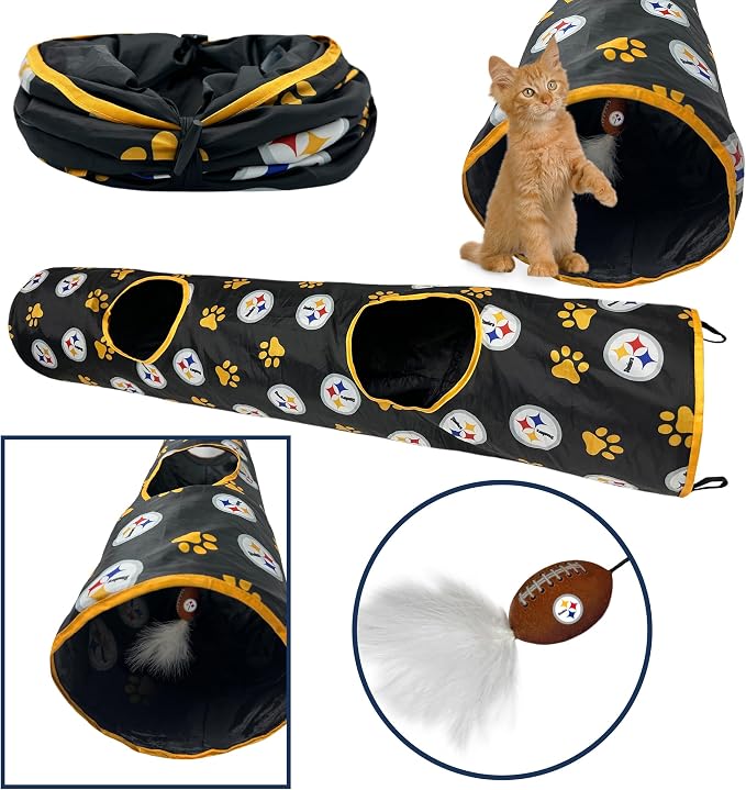 NFL Pittsburgh Steelers Cat Tunnel Tube Toy with Plush Football Catnip and Feathers Collapsible Tunnel for Cats to Play, Peek and Hide, Sporty & Fun Cat Tunnel Toy with Team Logo All-Over Design! - Image 4