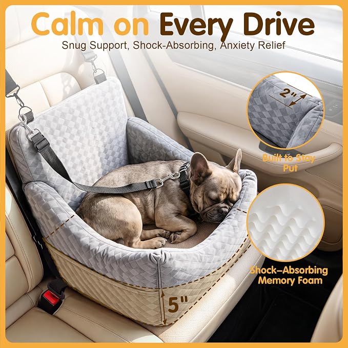 Topmart Dog Car Seat for Small Medium Dogs Under 35lbs, Cozy Pet Seat | Foam Safety Dog Booster Seat for Back Seat, Pet Bed for Car with Safety Tether, Storage Pockets, Machine Washable Cover, Grey - Image 2