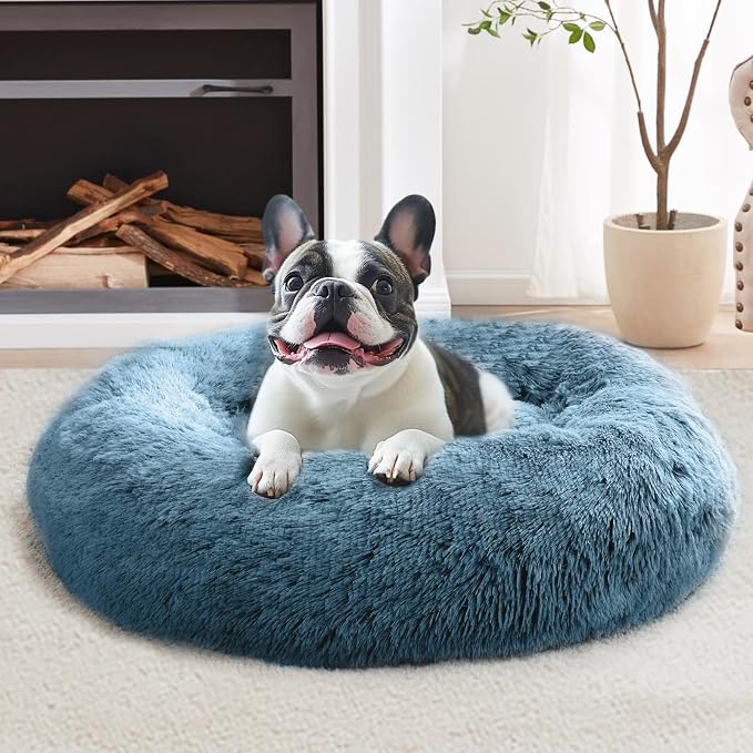 JOLLYVOGUE Calming Dog Bed Medium Size Dog, 31in Donut Washable Medium Pet Bed, Anti-Slip & Anti-Anxiety Fluffy Faux Fur Round Dogs Bed, Fits up to 45 lbs Pets (Blue) by JOLLYVOGUE