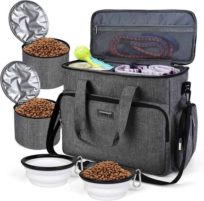 BAGLHER Dog Travel Bag, Airline Approved Pet Tote Organizer with Multi-Function Pockets, 2 X Food Storage Containers and 2 X Collapsible Bowls, Perfect Weekend Pet Travel Set for Dog, Cat Grey by BAGLHER