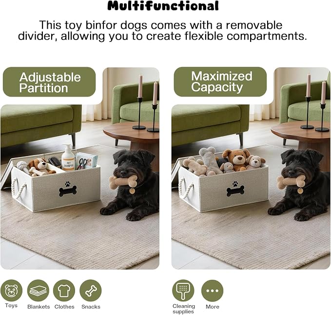 Dog Toy Basket with Double-Open Lid, Divided Dogs Basket for Toys, Collapsible Pet Toy Box, Dog Storage Organizer with 2 Divided Area, Puppy Toys Baskets with Rope Handles, Gray - Image 4