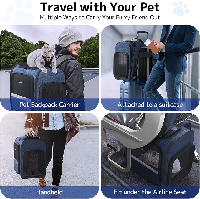 Pawtners Cat Backpack with Play Tunnel, Design for Carrying Playing Blue | Expandable, Foldable, Breathable, Large Space, Durable, Perfect for Cat Small Dog, Travel Hiking Camping Walking Car - Image 7