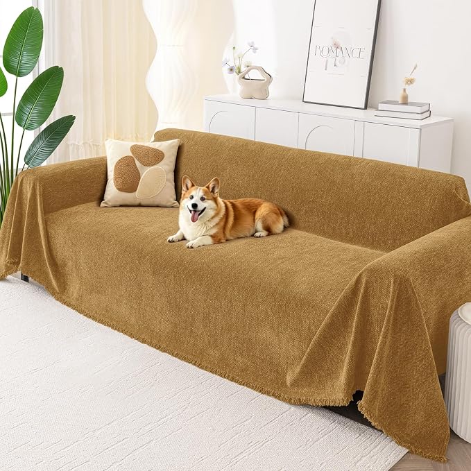 Smiry Couch Cover for Dogs, Chenille Sofa Covers for 3 Cushion Couch | Washable Soft Sofa Slipcover for Pets, Thick Sectional Furniture Protector with Tassels (Yellow, 88.5x150 Inch) by Smiry