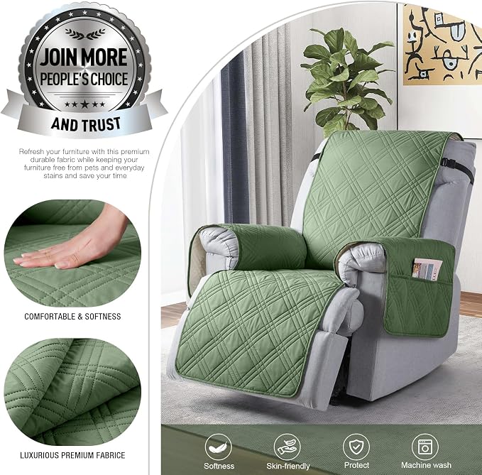 TAOCOCO 100% Waterproof Recliner Chair Cover, Non Slip Recliner Covers for Recliner Chair with Pocket, Washable Reclining Chair Cover Furniture Protector for Kids,Dogs(23.6'', Bean Green) - Image 2