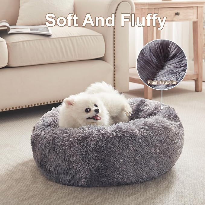 23 in Faux Fur Fluffy Donut Dog Bed for Small Dogs,Tie-dye Grey | Calming Plush Round Puppy Pet Bed with Removable & Washable Cover,Fits up to 25 lbs Pets - Image 4